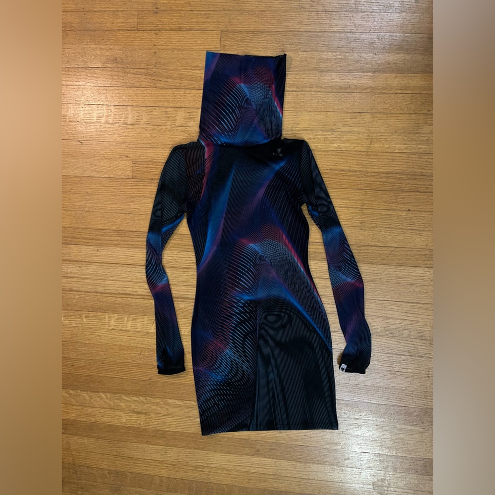 Long Sleeve Mock Neck Bodycon Dress in Black with Blue & Purple Waves